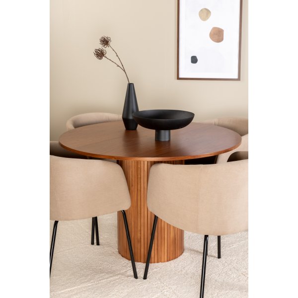 Bianca Matgrupp runt valnöt matbord med 4 st Berit beige polyesterlinne stolar Bianca Matgrupp runt valnöt matbord med 4 st Berit beige polyesterlinne stolar