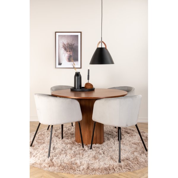 Bianca Matgrupp runt valnöt matbord med 4 st Berit grå stolar Bianca Matgrupp runt valnöt matbord med 4 st Berit grå stolar