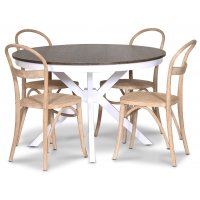 Skagen matgrupp; runt matbord 120 cm - Vit / brunbetsad ek med 4 st Danderyd No.16 stolar Whitewash Skagen matgrupp; runt matbord 120 cm - Vit / brunbetsad ek med 4 st Danderyd No.16 stolar Whitewash