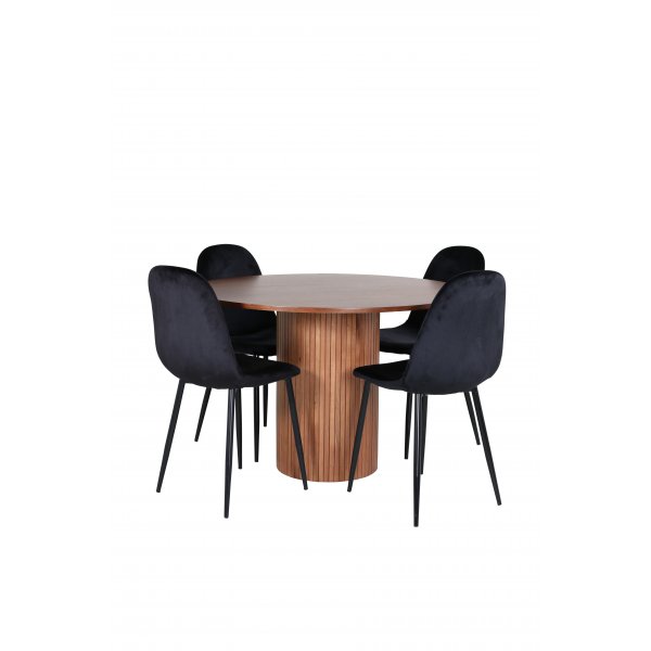 Bianca Matgrupp runt valnt matbord med 4 st Polar svart stolar