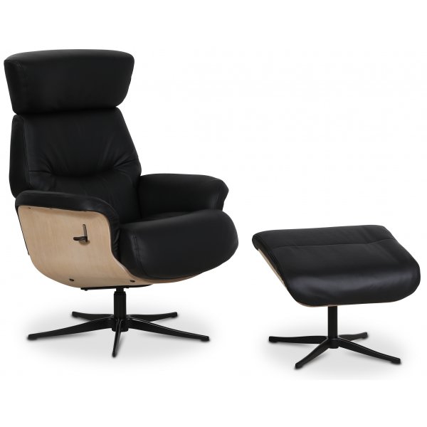 Marbck reclinerftlj med fotpall - Svart lder / Tr