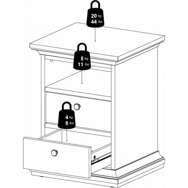 Paris smal nachtkastje met 2 lades en 1 open vak - Wit