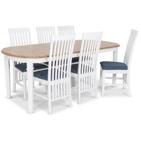 Ramnäs matgrupp - Bord inklusive 6 st Herrgård Vindö stolar med blå sits - Vit/ekbets Ramnäs matgrupp - Bord inklusive 6 st Herrgård Vindö stolar med blå sits - Vit/ekbets