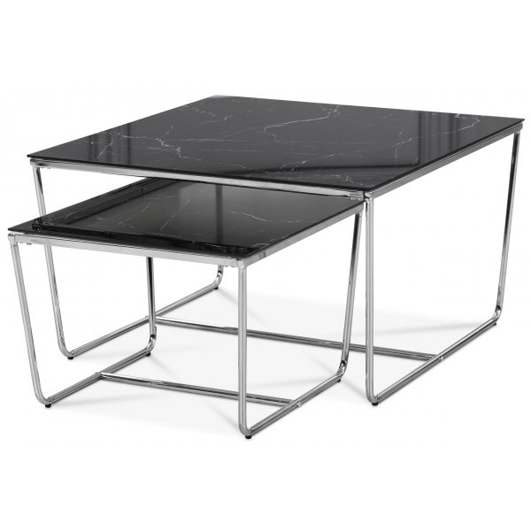 Stella Satsbord 75 x 75 cm - Svart marmorerat glas / Kromat underrede