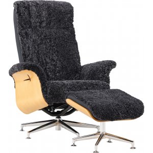 Wollen fauteuil met voetenbank in eikenhout - Donker grijs schapenvacht + Textielreiniging voor meubels