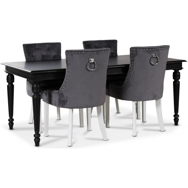 Paris matgrupp svart bord med 4 st Tuva stolar i grått sammet med vita ben och rygghandtag Paris matgrupp svart bord med 4 st Tuva stolar i grått sammet med vita ben och rygghandtag