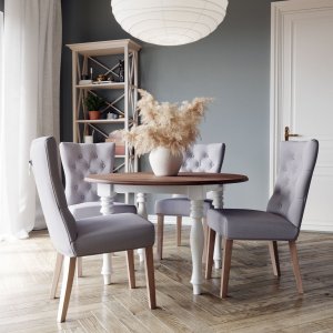 Victoria runt vitt matbord 120 cm med brunbetsad toppskiva