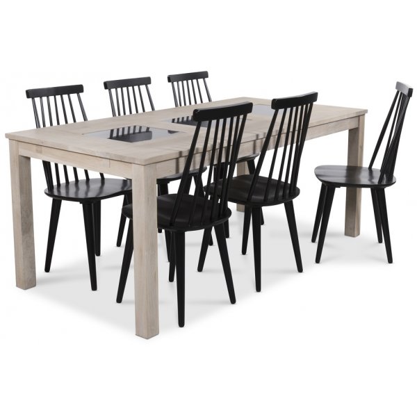 Jasmine matgrupp med bord i whitewash och 6 st svarta Dalsland pinnstolar