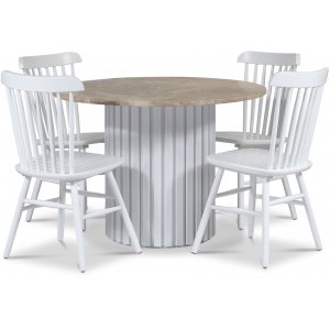 Groupe de salle  manger Empire 105 cm incl. 4 Chaises cantilever blanches Orust - Marbre Empradore / Sommier lattes bois blanc