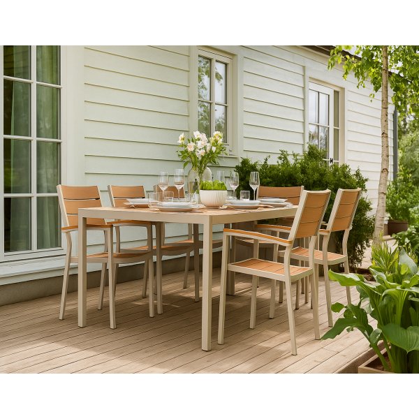 Utematgrupp: 6 st stolar med bord 205 x 90 cm beige/ek - Las Vegas