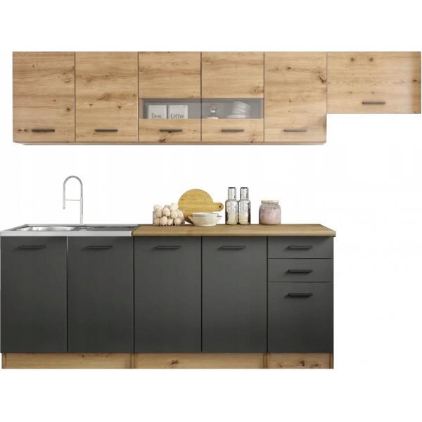 Perla complete keuken 260 cm - Ambachtelijk eiken/mat donkergrijs/wotan eiken