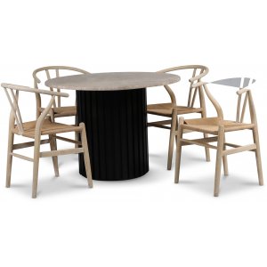 Groupe de repas Sumo 105 cm incl. 4 Chaises de salle  manger Brandon blanchies - Teint noir / Beige Empradore