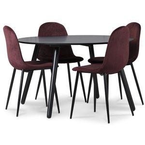 Groupe  manger Rosvik, table  manger avec 4 chaises en velours Carisma - Bordeaux/Noir