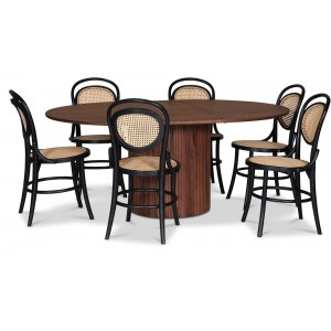 Nova matgrupp, förlängningsbart matbord Ø130-170 cm inkl 6 st svarta Alicia stolar böjträ - Valnöt