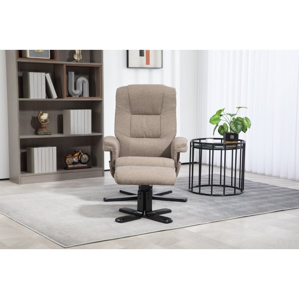 Oslo reclinerfåtölj med pall i mörkbeige tyg Oslo reclinerfåtölj med pall i mörkbeige tyg