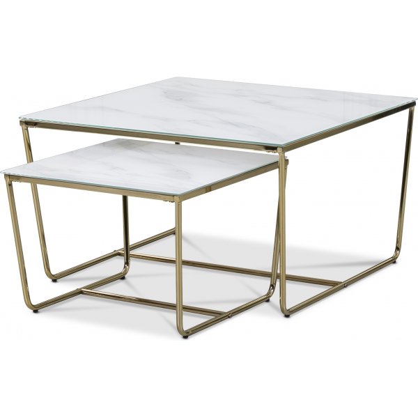 Stella Satsbord 75 x 75 cm - Vitt marmorerat glas / Mssingsfrgat underrede