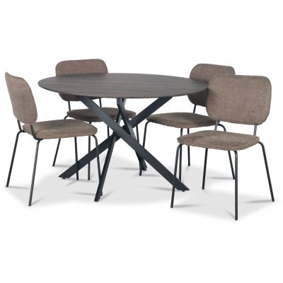 Hogrän matgrupp Ø120 cm bord i mörkt trä + 4 st Lokrume bruna stolar