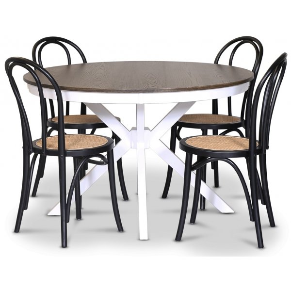 Skagen matgrupp; runt matbord 120 cm - Vit / brunbetsad ek med 4 st Danderyd No.18 stolar Svart