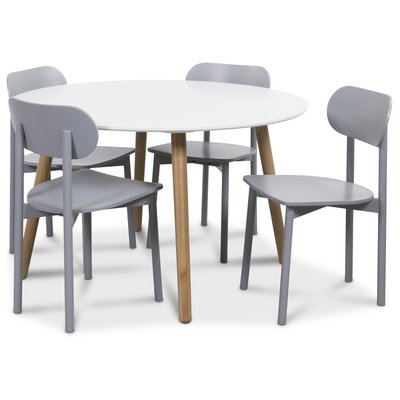 Rosvik matgrupp Runt bord vit/ek med 4 st gra Alvaro stolar