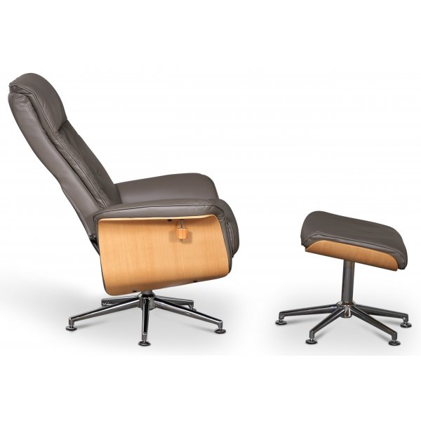 Ulla fåtölj med fotpall - Grått läder / Ek Ulla fåtölj med fotpall - Grått läder / Ek