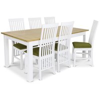 Skagen matgrupp - 180 cm Bord inklusive 6 st Herrgård Vindö stolar med grön sits - Vit/Ekbets Skagen matgrupp - 180 cm Bord inklusive 6 st Herrgård Vindö stolar med grön sits - Vit/Ekbets