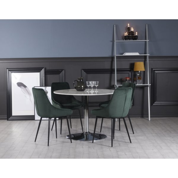 Plaza matgrupp, marmorbord med 4 st Theo sammetsstolar - Grn/Vit/Krom