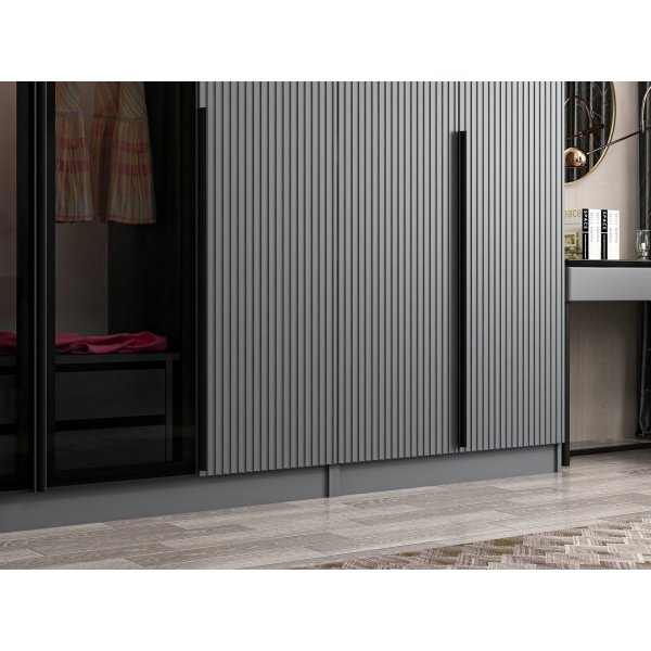 Armoire Cikani avec porte miroir, 315x52x210 cm - Anthracite