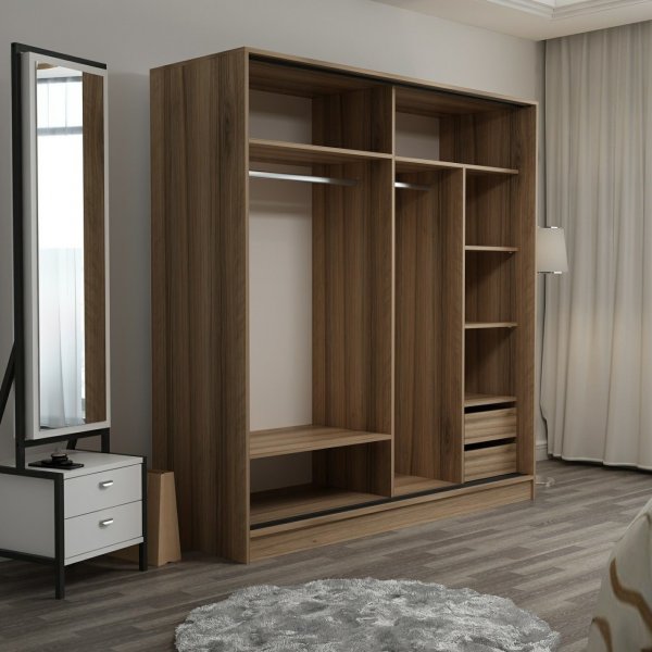 Armoire Kapusta avec porte miroir, 220x52x210 cm - Marron/anthracite
