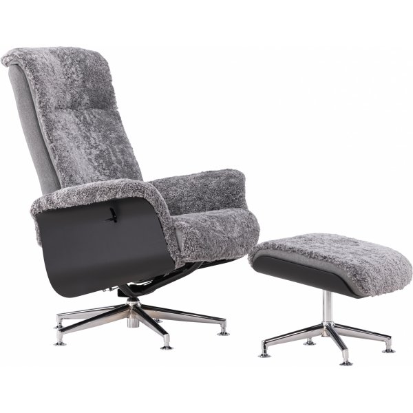 Ulla f�t�lj med fotpall i f�rskinn - Gr� / Svartbets / Krom + Textilreng�ring f�r m�bler