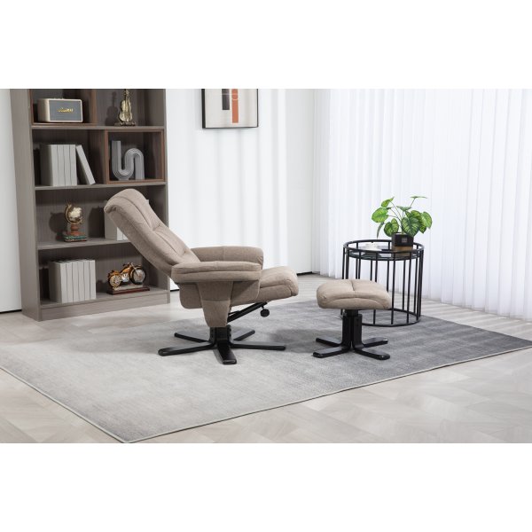 Oslo reclinerfåtölj med pall i mörkbeige tyg Oslo reclinerfåtölj med pall i mörkbeige tyg