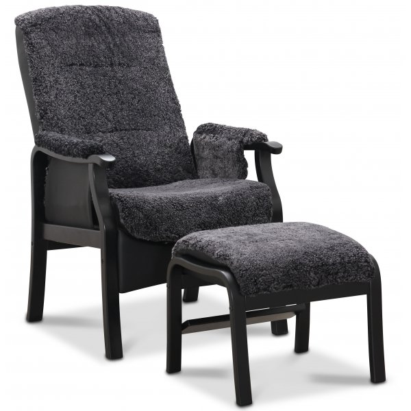 Bergen f�t�lj med fotpall i f�rskinn - Lift-up funktion