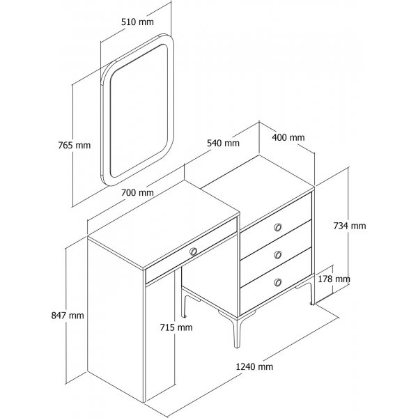 Liza kaptafel met spiegel en opberger - Beige/walnoot Liza kaptafel met spiegel en opberger - Beige/walnoot