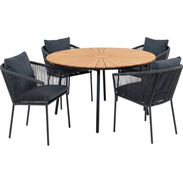 Cleveland utematgrupp; 4 st stolar med runt bord - Gr/svart/teak