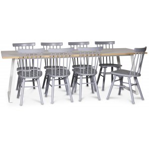Edge matgrupp; Matbord i vit HPL 240x90 cm med 8 st gråa Orust pinnstolar