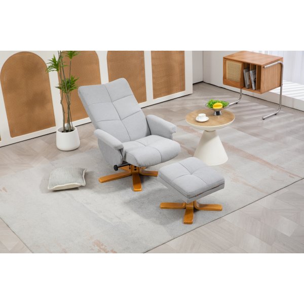 Fauteuil réglable Duva avec repose-pieds et rangement - Tissu gris et pieds en bois Fauteuil réglable Duva avec repose-pieds et rangement - Tissu gris et pieds en bois