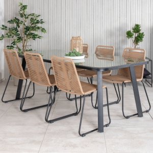 Groupe de repas extrieur Paola avec 6 chaises Lindos - Beige/Noir/Naturel
