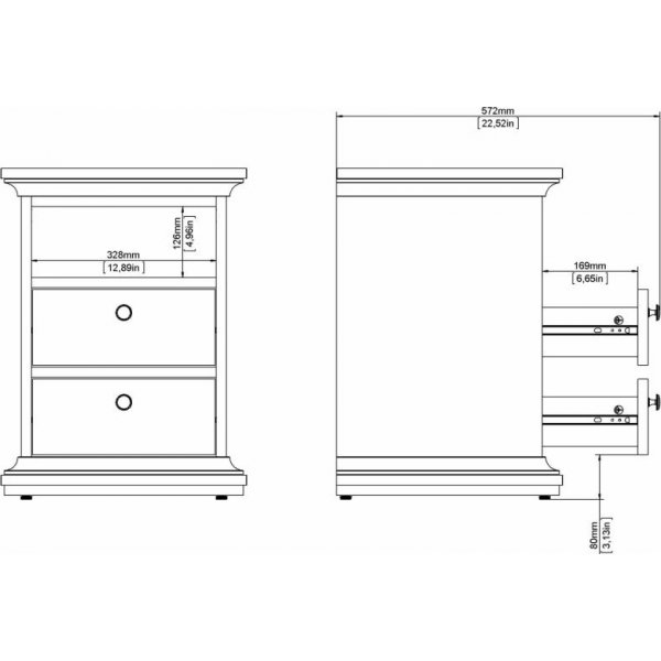 Paris smal nachtkastje met 2 lades en 1 open vak - Grijs
