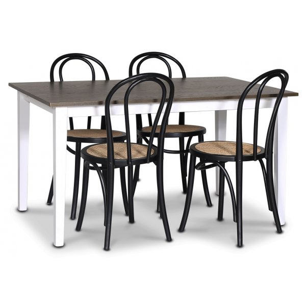 Skagen matgrupp; matbord 140 cm - Vit / brunbetsad ek med 4 st Danderyd No.18 matstolar Svart