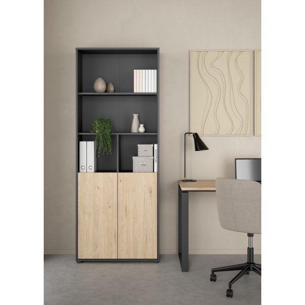 Bibliothque haute Sign avec 2 portes - Gris mat/hickory