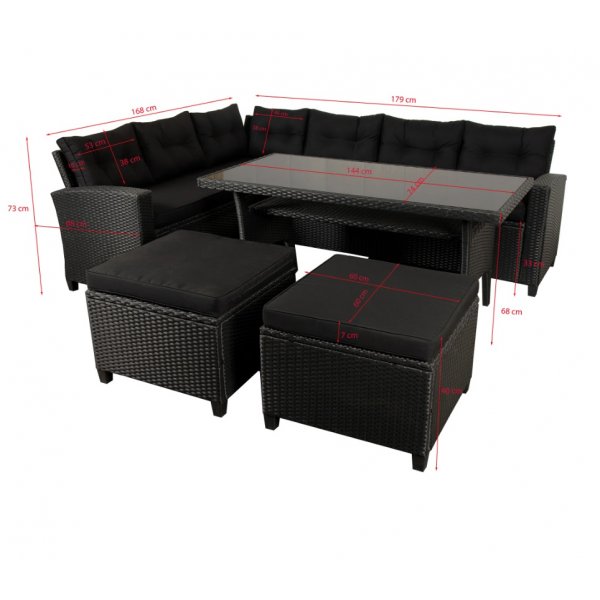 New York utegrupp; hörnsoffa med bord och fotpallar - Svart konstrotting New York utegrupp; hörnsoffa med bord och fotpallar - Svart konstrotting