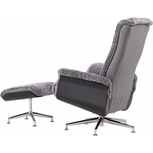 Ulla f�t�lj med fotpall i f�rskinn - Gr� / Svartbets / Krom + Textilreng�ring f�r m�bler