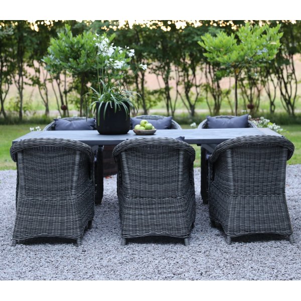 Oxford utematgrupp; grå/vit bord 220 cm inkl 6 st Mercury fåtöljer grå konstrotting Oxford utematgrupp; grå/vit bord 220 cm inkl 6 st Mercury fåtöljer grå konstrotting