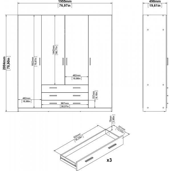 Sprint garderob med 4 drrar och 3 ldor - Gr