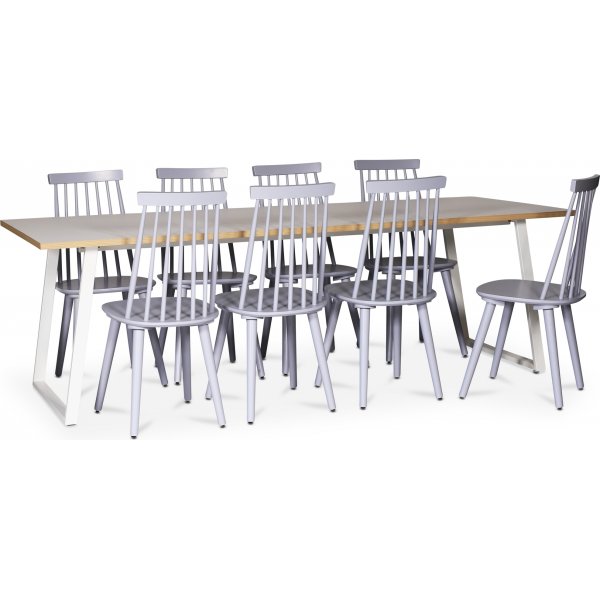 Edge matgrupp fr 8 personer; Matbord i vit HPL 240x90 cm med 8 st gra Dalsland pinnstolar + 5.00 x Mbeltassar