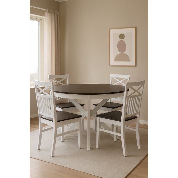 Skagen-voedselgroep; ronde eettafel 120 cm - Wit/bruingeolied eiken met 4 Skagen stoelen (Kruis achter) met bruingeoliede uitga