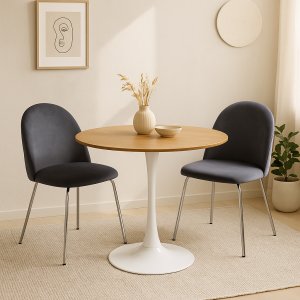 Matgrupp Sumner Ø80 cm ek/vit med 2 st Plaza stolar i grå sammet Matgrupp Sumner Ø80 cm ek/vit med 2 st Plaza stolar i grå sammet