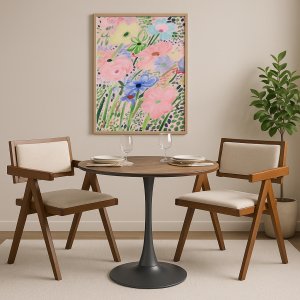 Olmo matbord �90 cm i valn�t/svart med 2st Sara karmstol i valn�t och linne