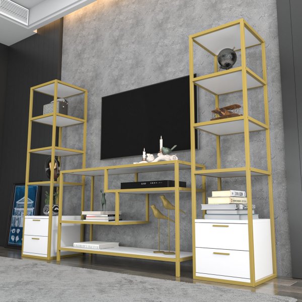 Banc média Robbins avec tablettes - Or/blanc Banc média Robbins avec tablettes - Or/blanc