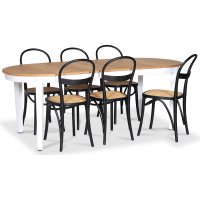 Fårö matgrupp; Ovalt matbord 160-210 cm - Vit / Oljad Ek med 6 st Danderyd No.16 matstolar Svart Fårö matgrupp; Ovalt matbord 160-210 cm - Vit / Oljad Ek med 6 st Danderyd No.16 matstolar Svart