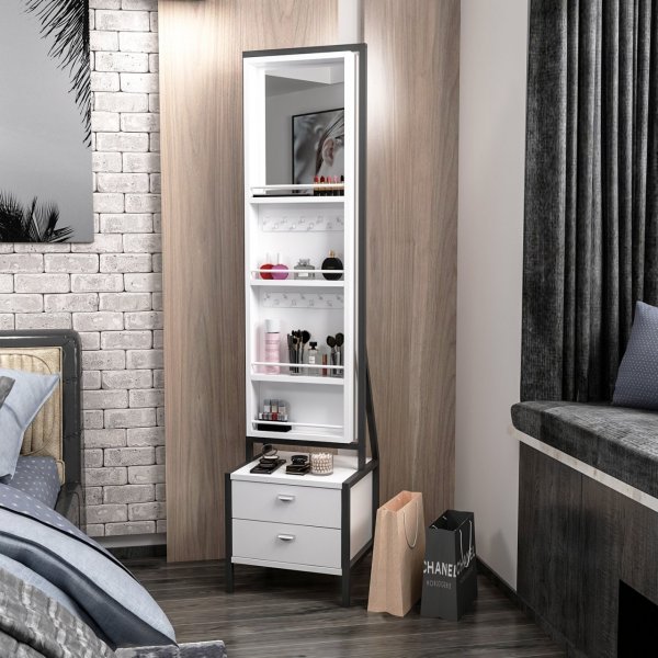 Elegante helkroppspegel med frvaring - Vit